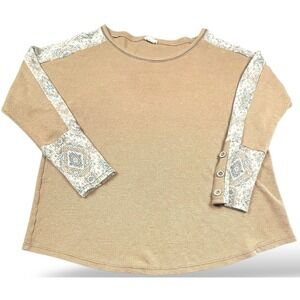 Boutique Waffle Knit Top Womens Size M Tan Boho Print Sleeve Button Soft Vintage